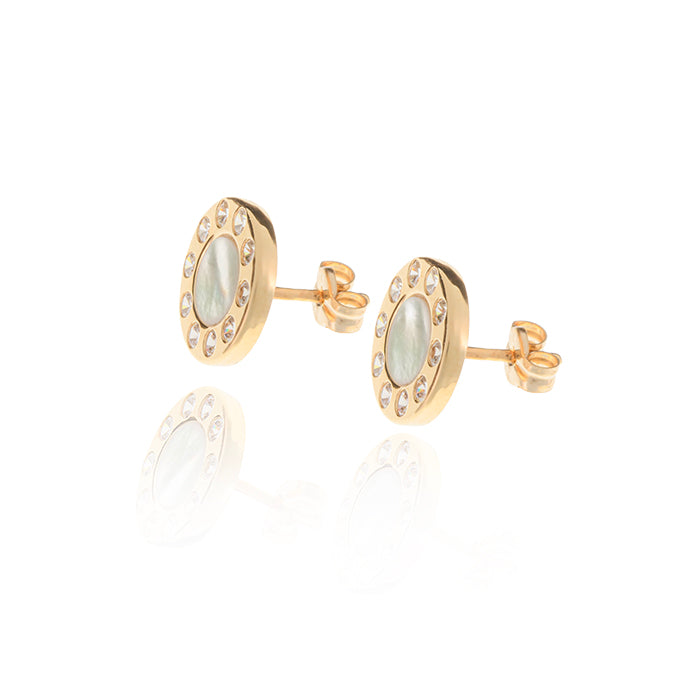 Round Mother-of-Pearl and Zircon 18k Earrings