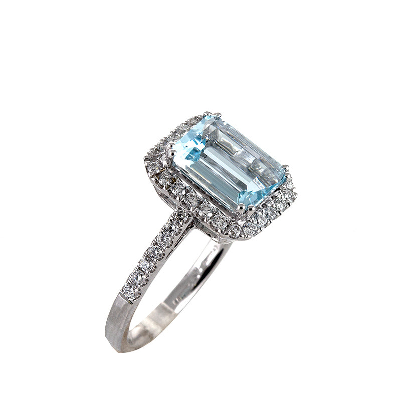 Sortija Oro Blanco Aguamarina y Diamantes