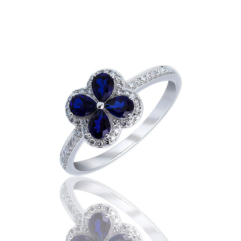 Anillo Trebol 4 Hojas Zafiro Y Diamantes