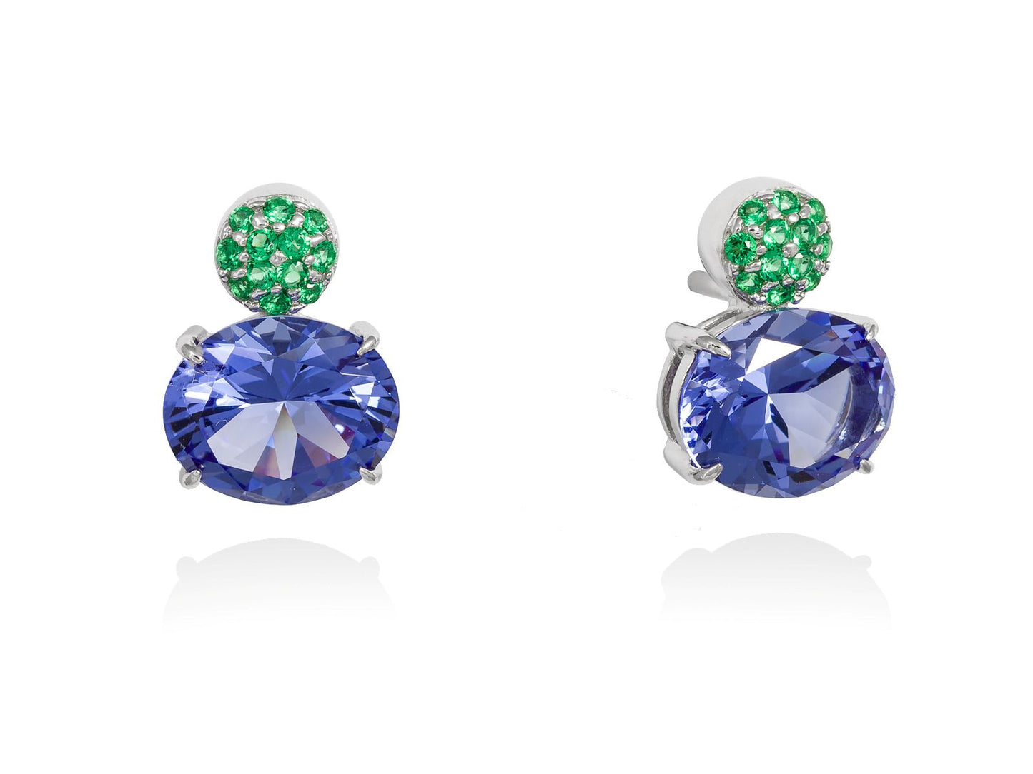 Sterling silver (925) earrings with rhodium plating, synthetic green spinel, and synthetic stone
