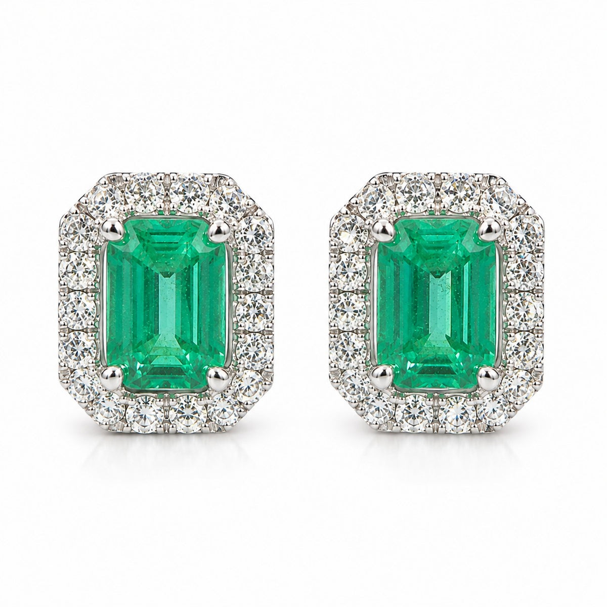PENDIENTES DE ORO BLANCO 18KT CON ESMERALDAS Y DIAMANTES