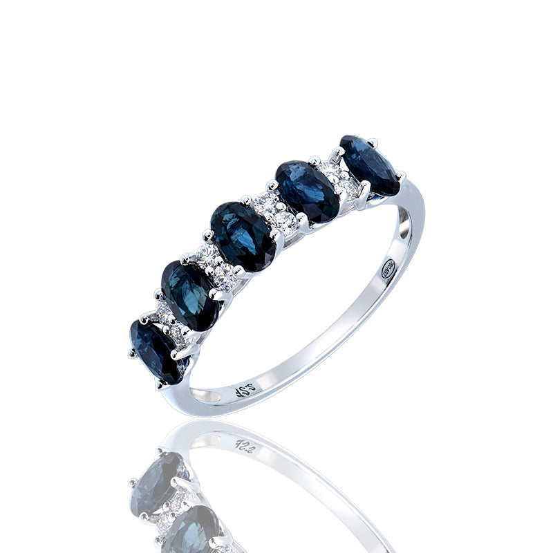 Cinquillo Ring with Sapphires and Diamonds 18K White Gold