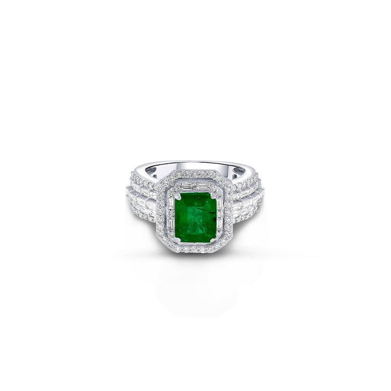 Anillo Oro Blanco con Diamantes y Esmeralda