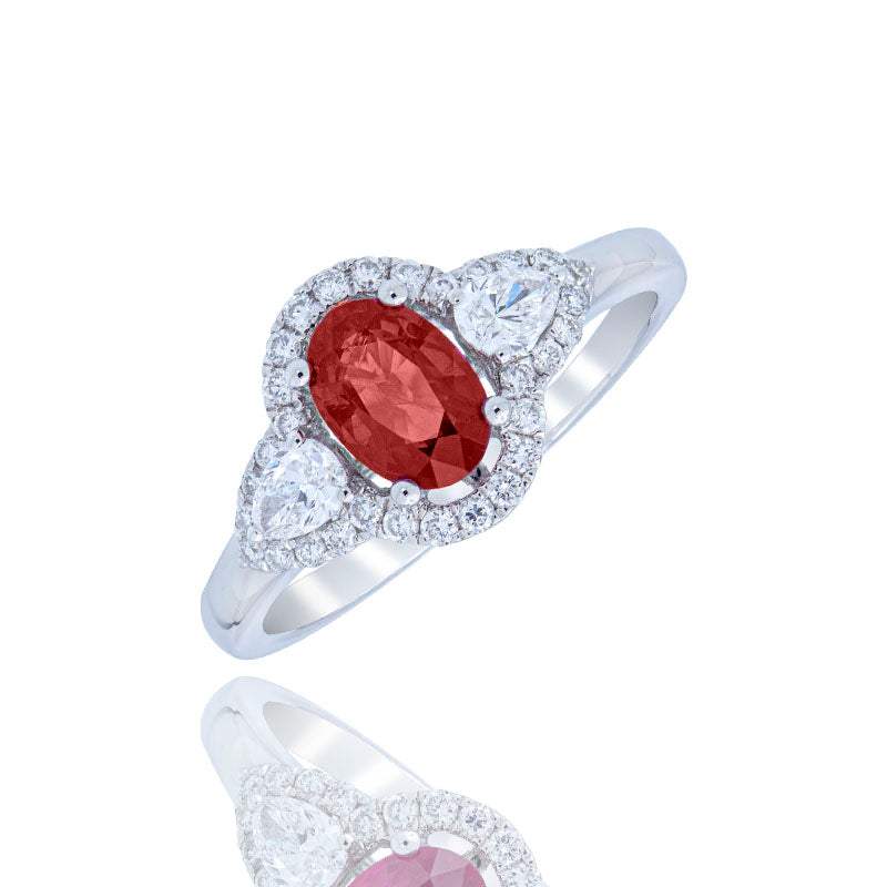 Anillo Clásico- Rubí y Diamantes- Oro Blanco 18k joyeria sai