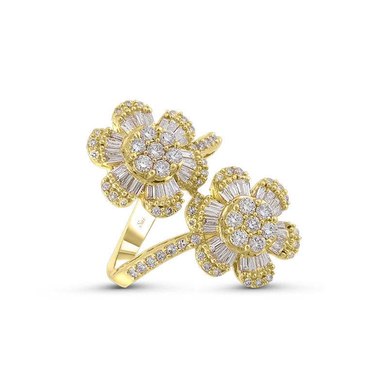 Anillo Doble Flor Diamantes Oro Amarillo 18K