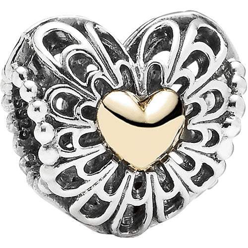 Charm Pandora Corazón Calado en Plata y Oro