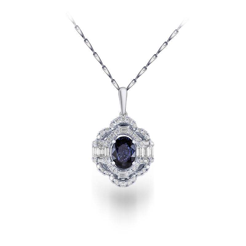 Colgante Zafiro Azul Oval Con Diamantes Oro Blanco