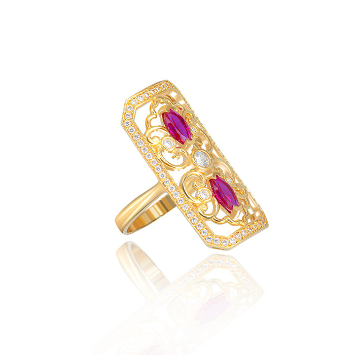 Sortija Lanzadera Rectangular Circonita Roja Oro