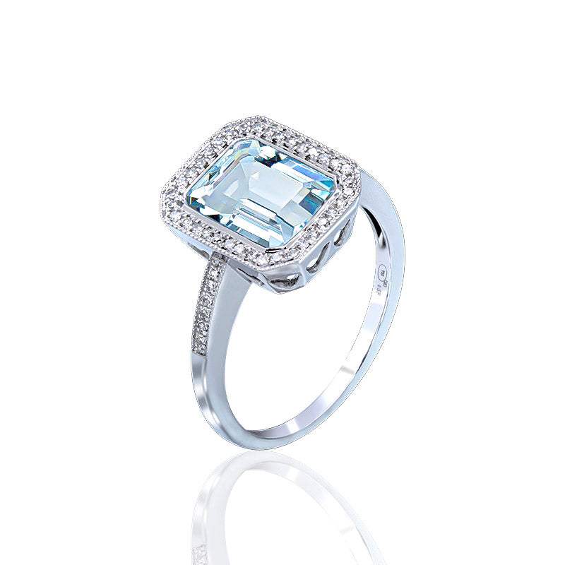 Sortija Oro Blanco con Brillantes y Aguamarina