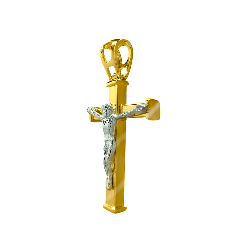 Cruz Cuadrada en Oro Amarillo Con Cristo Blanco