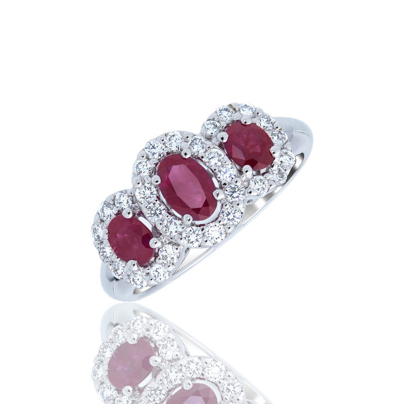 Tresillo de Rubíes y Diamantes en Oro Blanco 18K