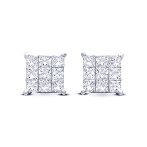 White Gold Princess Diamond Illusion Earrings