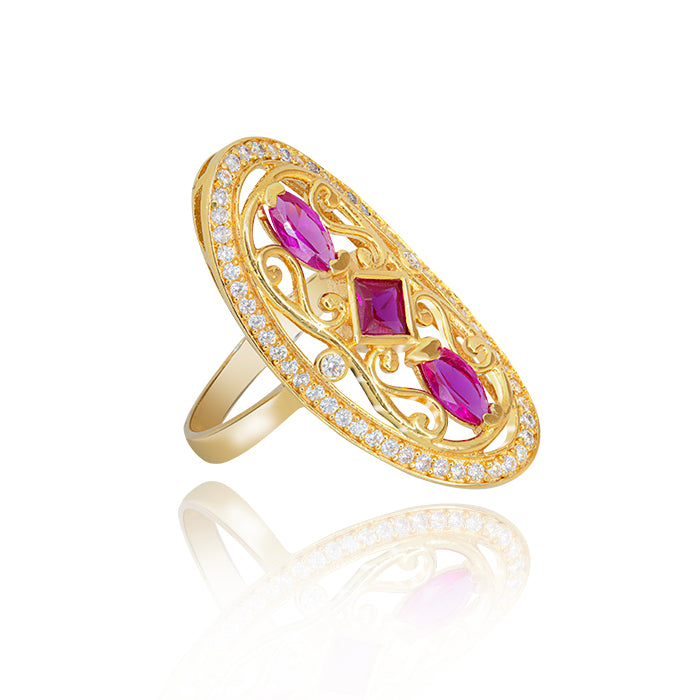 Oval Shuttle Red Zirconia 18K Yellow Gold