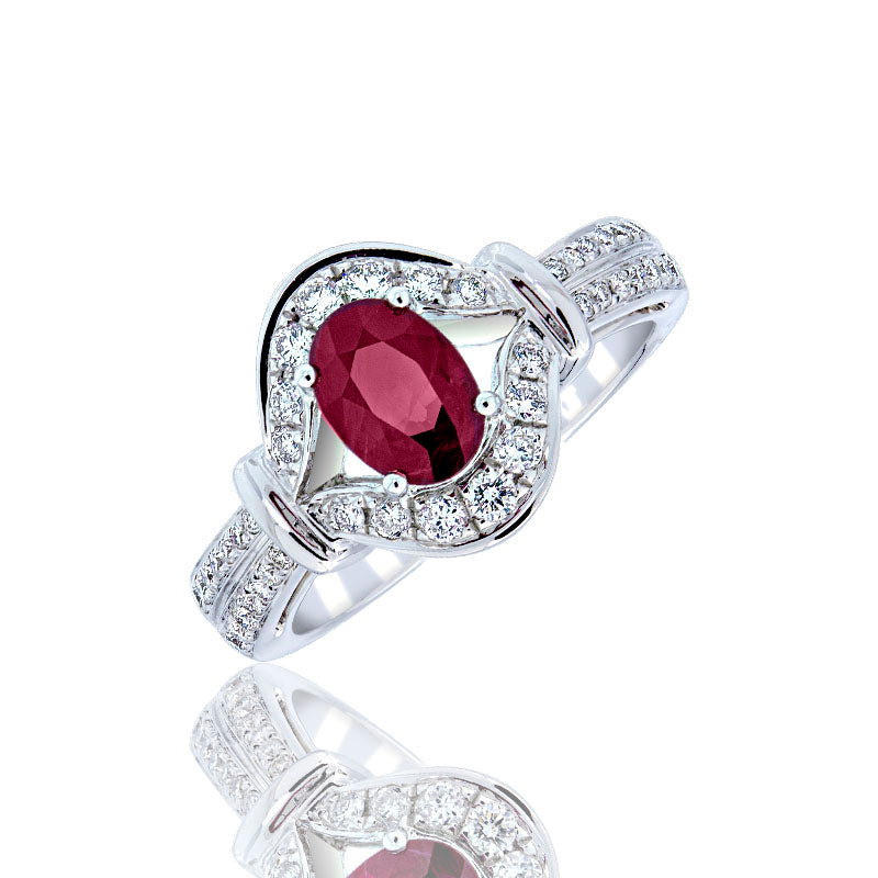 Ring with Oval Ruby and Diamonds - 18k White Gold