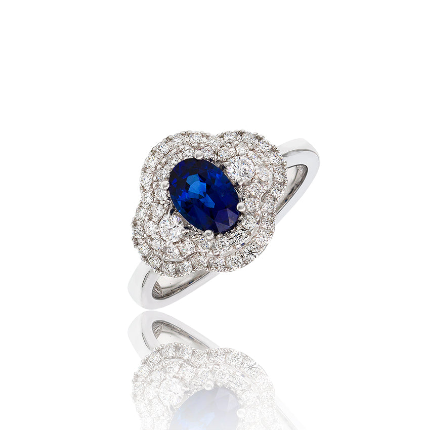 Anillo Clásico de Zafiros y Diamantes- Oro Blanco