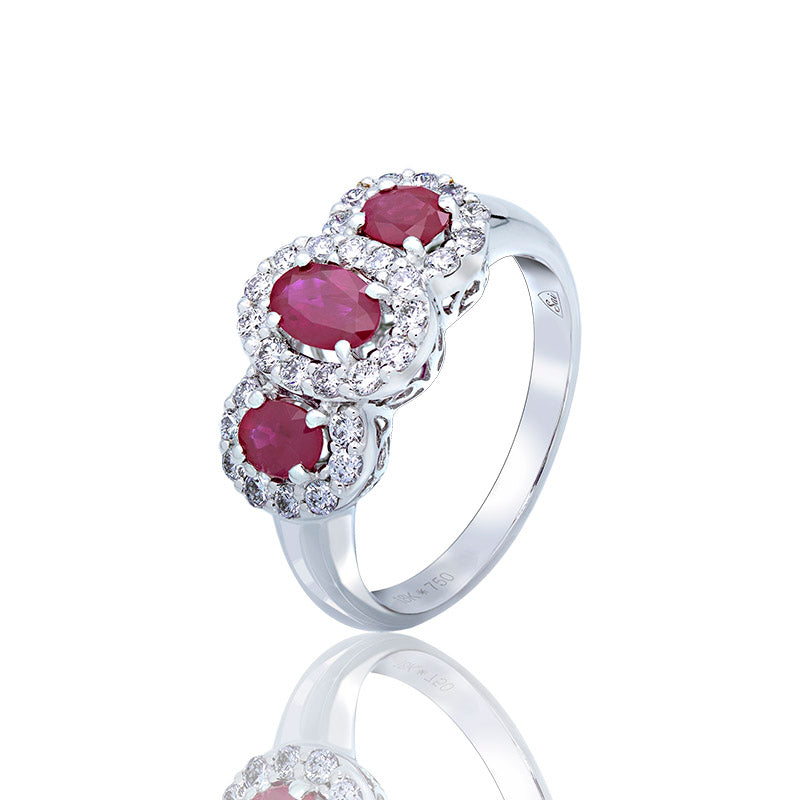 Triplet of Rubies and Diamonds in 18K White Gold