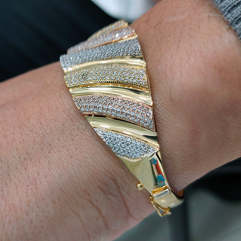 Rigid Tricolor 18K Gold Bracelet with Zircons