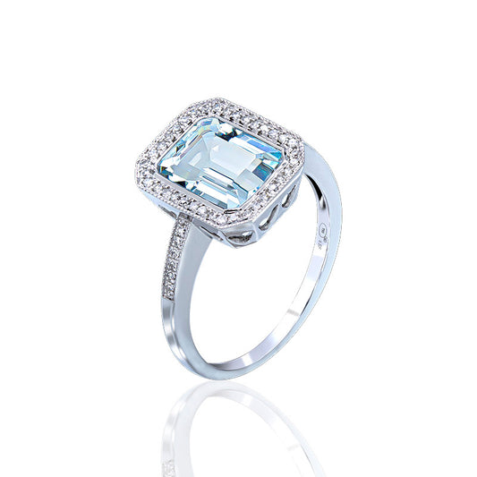 Sortija Oro Blanco con Brillantes y Aguamarina