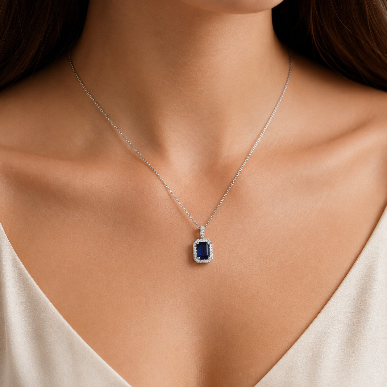 COLGANTE ORO BLANCO 18KT CON SAFIRO AZUL Y DIAMANTES