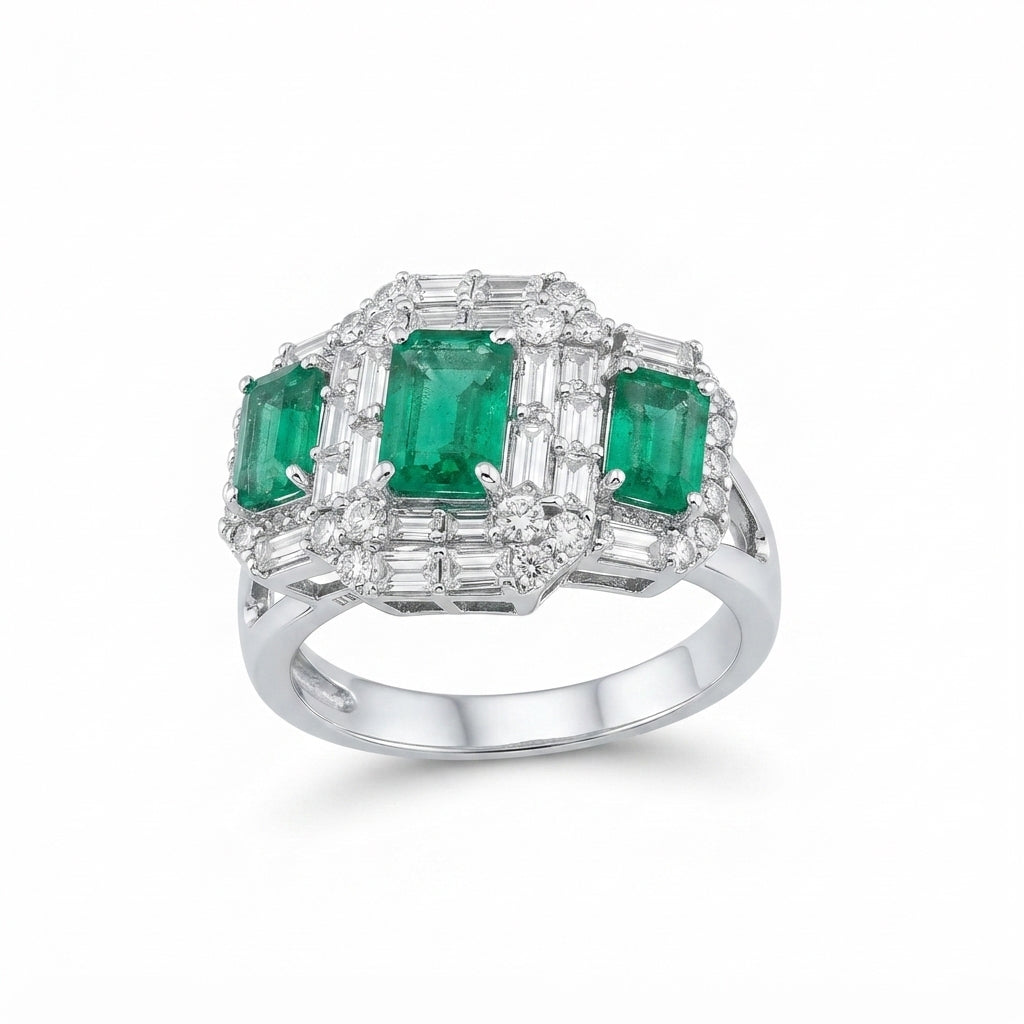 SORTIJA EN ORO BLANCO 18KT CON ESMERALDAS Y DIAMANTES