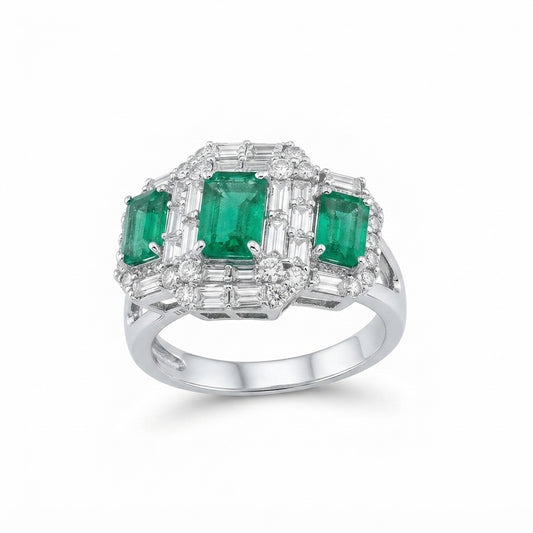 SORTIJA EN ORO BLANCO 18KT CON ESMERALDAS Y DIAMANTES