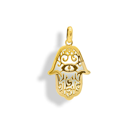 Yellow Gold Hamsa Pendant With Mother of Pearl
