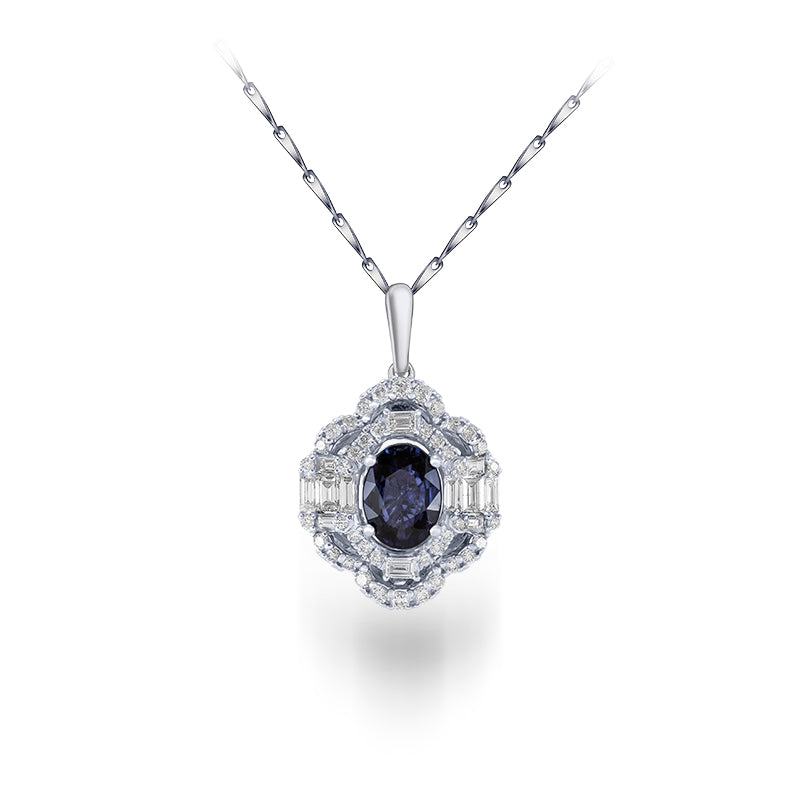 Colgante Zafiro Azul Oval Con Diamantes Oro Blanco