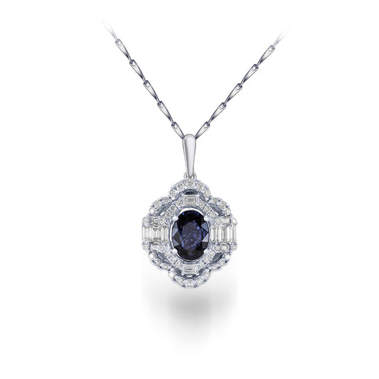 Oval Blue Sapphire Pendant With Diamonds White Gold