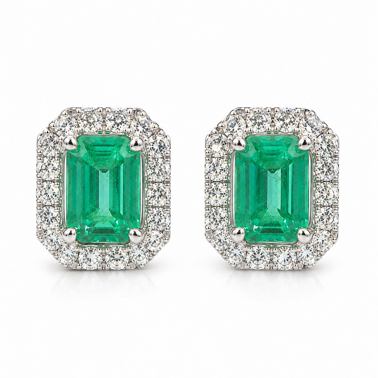 PENDIENTES DE ORO BLANCO 18KT CON ESMERALDAS Y DIAMANTES