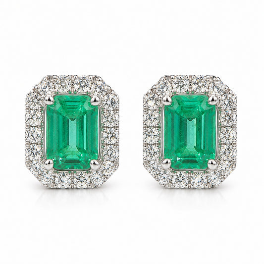 PENDIENTES DE ORO BLANCO 18KT CON ESMERALDAS Y DIAMANTES