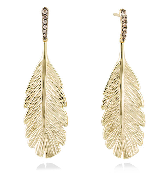 Pendientes de pluma con circonitas  en plata dorad