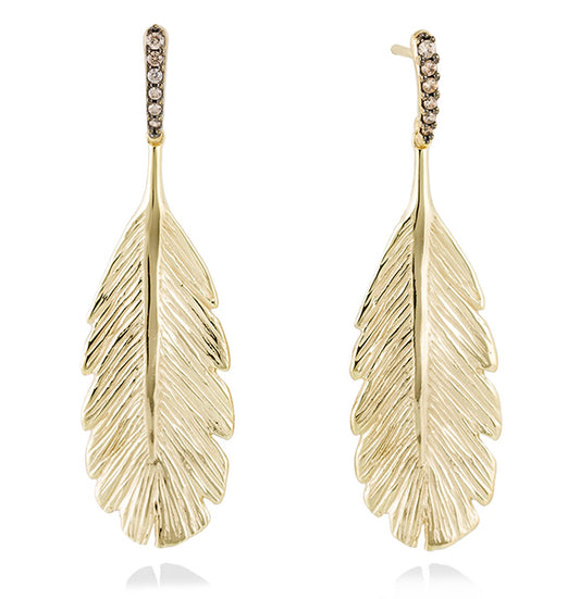 Pendientes de pluma con circonitas  en plata dorad