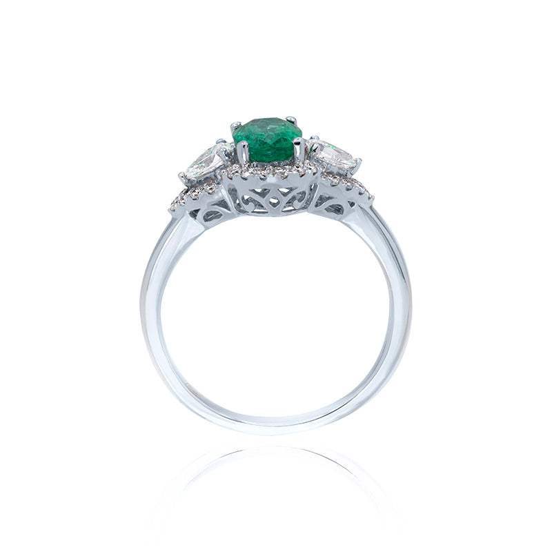 Anillo Clasico Esmeralda Diamantes-Oro Blanco 18K joyeria sai