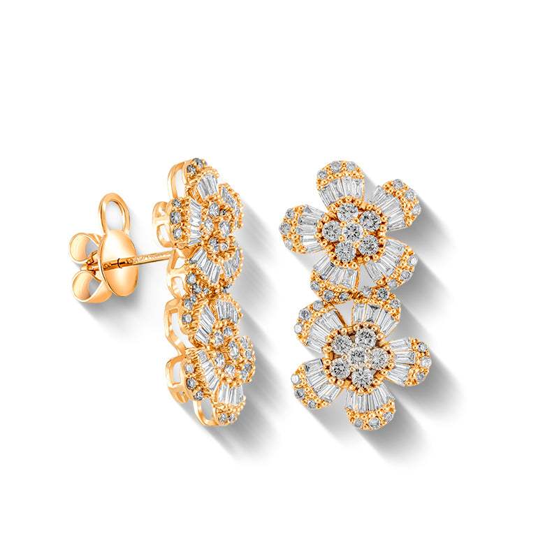 Pendientes Doble Flor Diamantes Oro Amarillo  18k