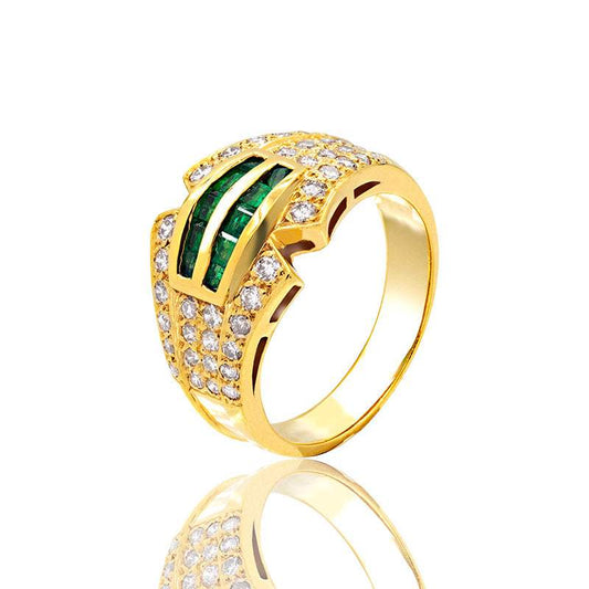 Sortija de Esmeralda y Diamantes en Oro Amarillo 18K