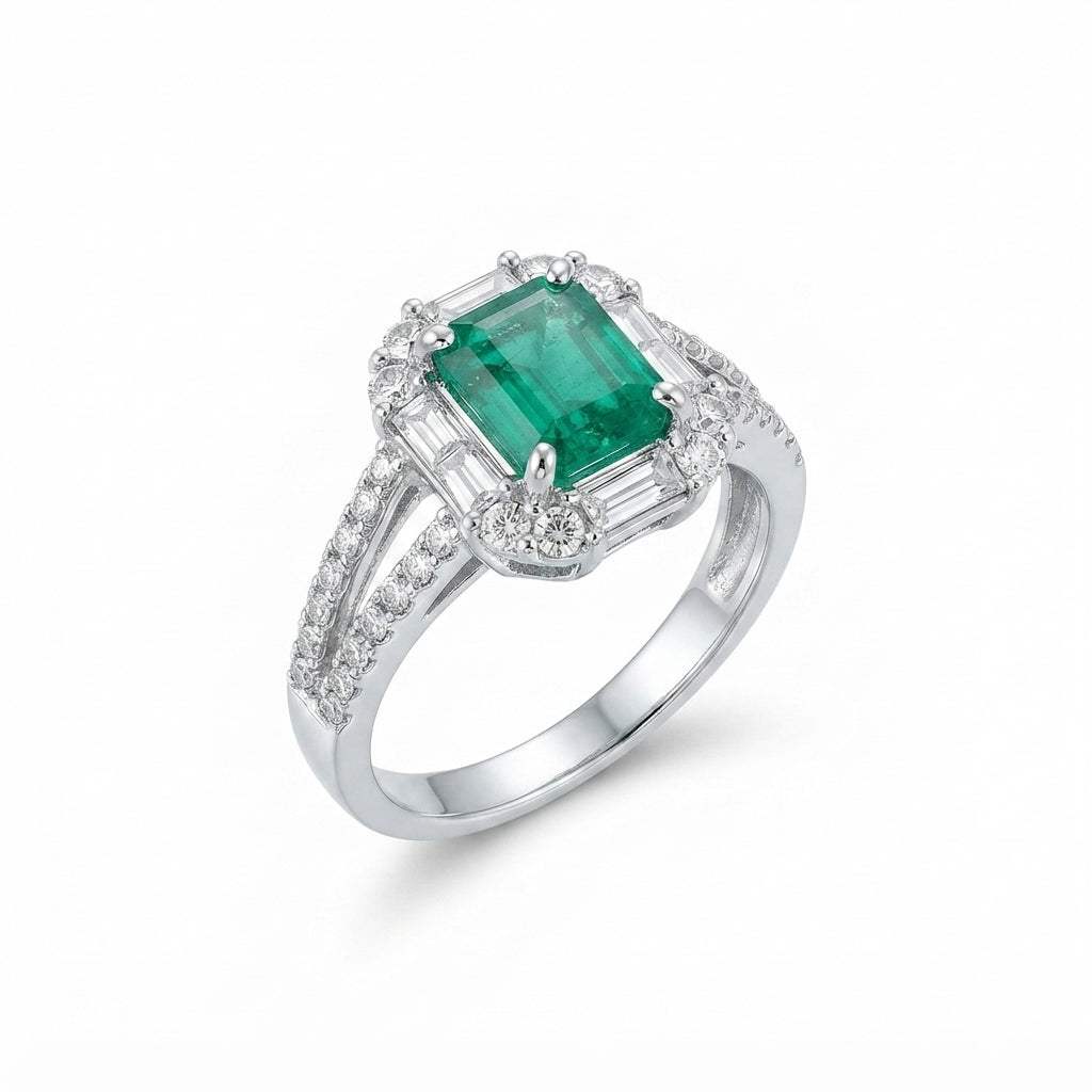 SORTIJA EN ORO BLANCO 18KT CON ESMERALDA Y DIAMANTE