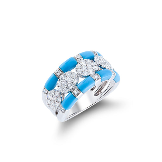 Anillo Oro Blanco 18k -Diamantes Cerámica Turquesa