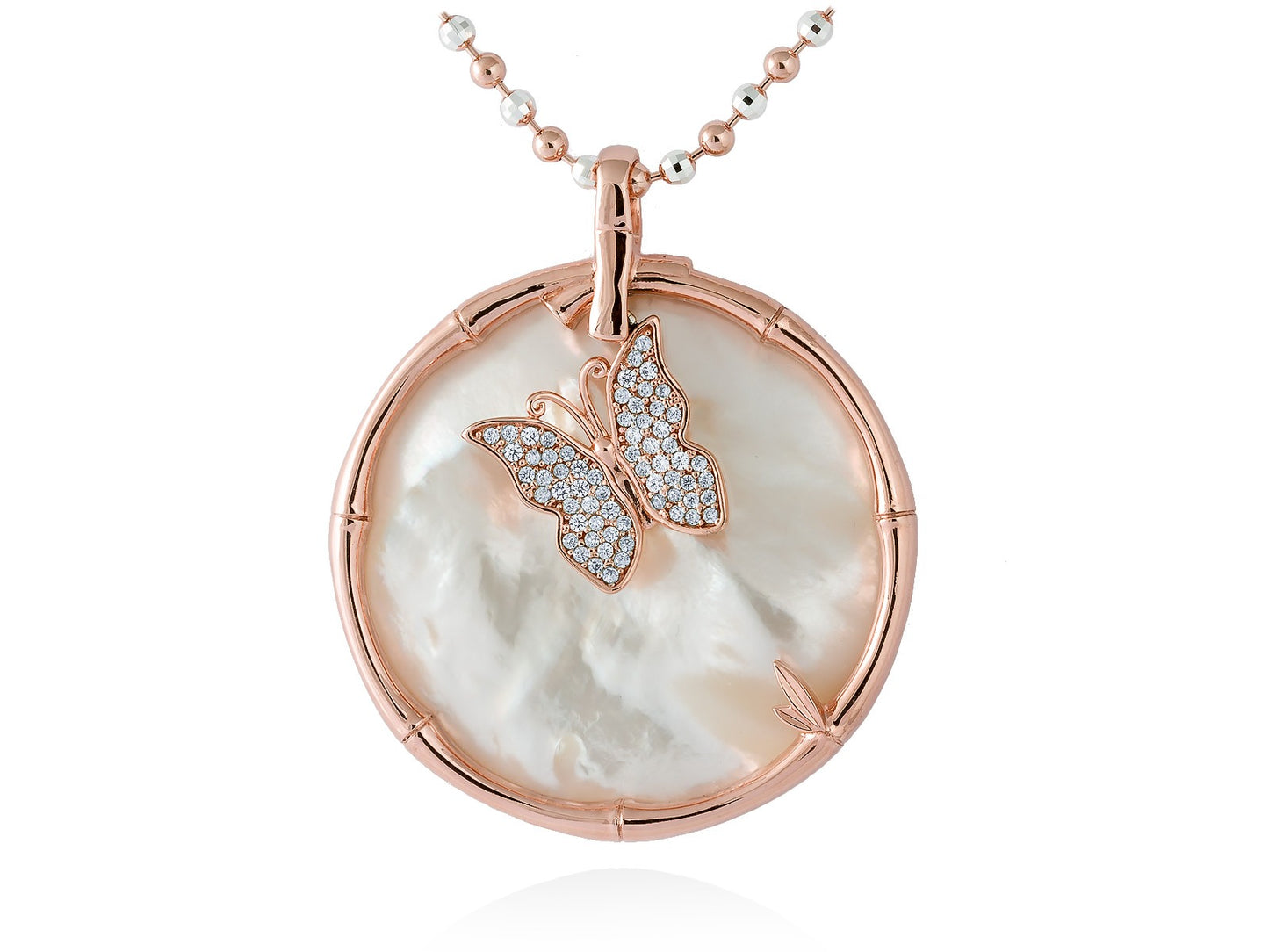 colgante en plata de ley chapado en oro rosa de 18kt circonita blanca y nacar blanco tallado en plac