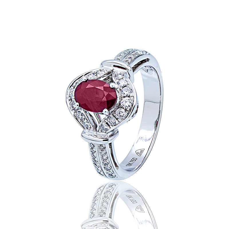 Ring with Oval Ruby and Diamonds - 18k White Gold