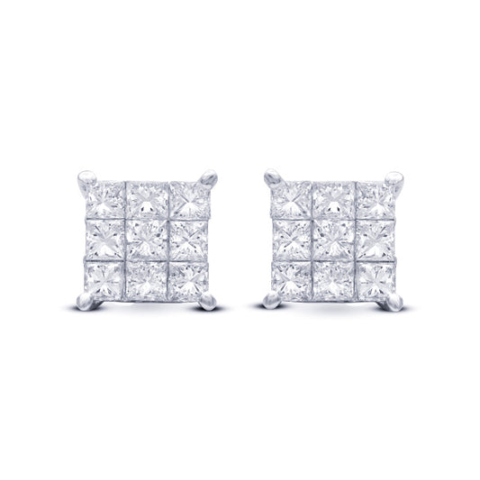 White Gold Princess Diamond Illusion Earrings
