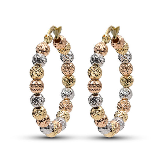 4mm Tricolor Gold Diamond Ball Creole Earring