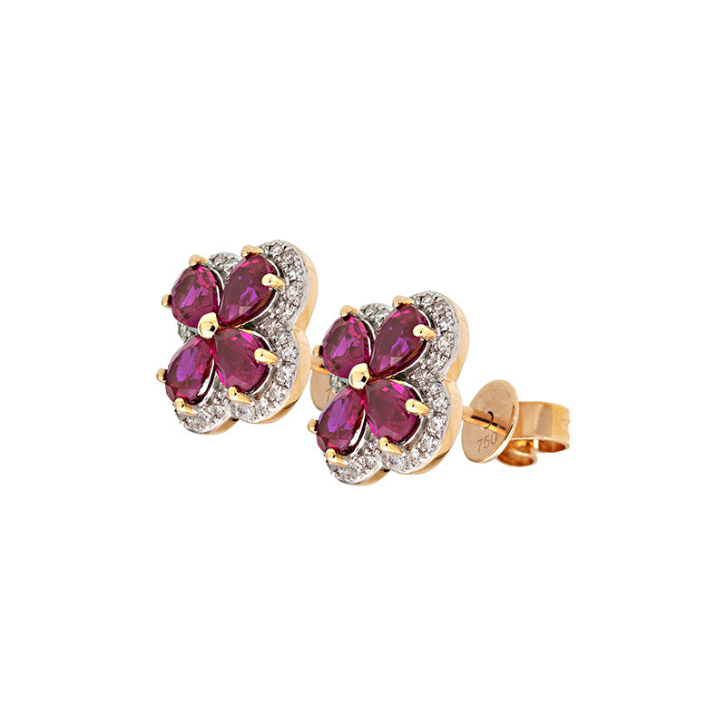 Pendientes Rubi y diamantes Trebol 4 Hojas Oro 18k