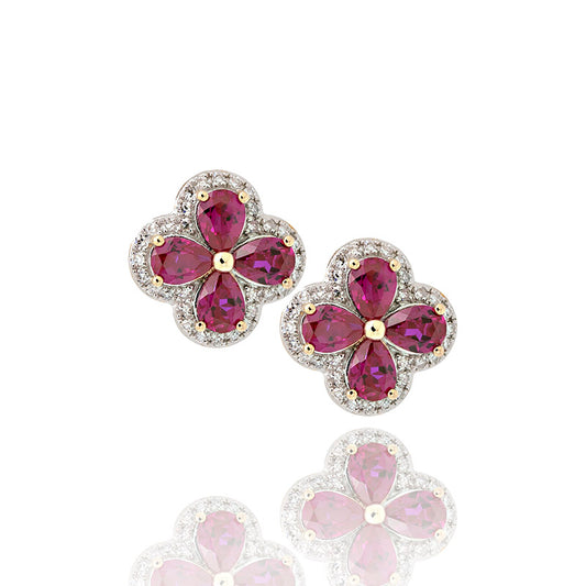 18k Gold 4 Leaf Clover Ruby and Diamond Earrings