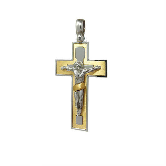 Bicolor Flat 18k Gold Cross With Christ